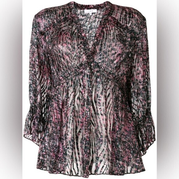 IRO Eleen Sheer Blouse Black & Pink Spotted Silk Blend Women's 36 / Small - Picture 2 of 12